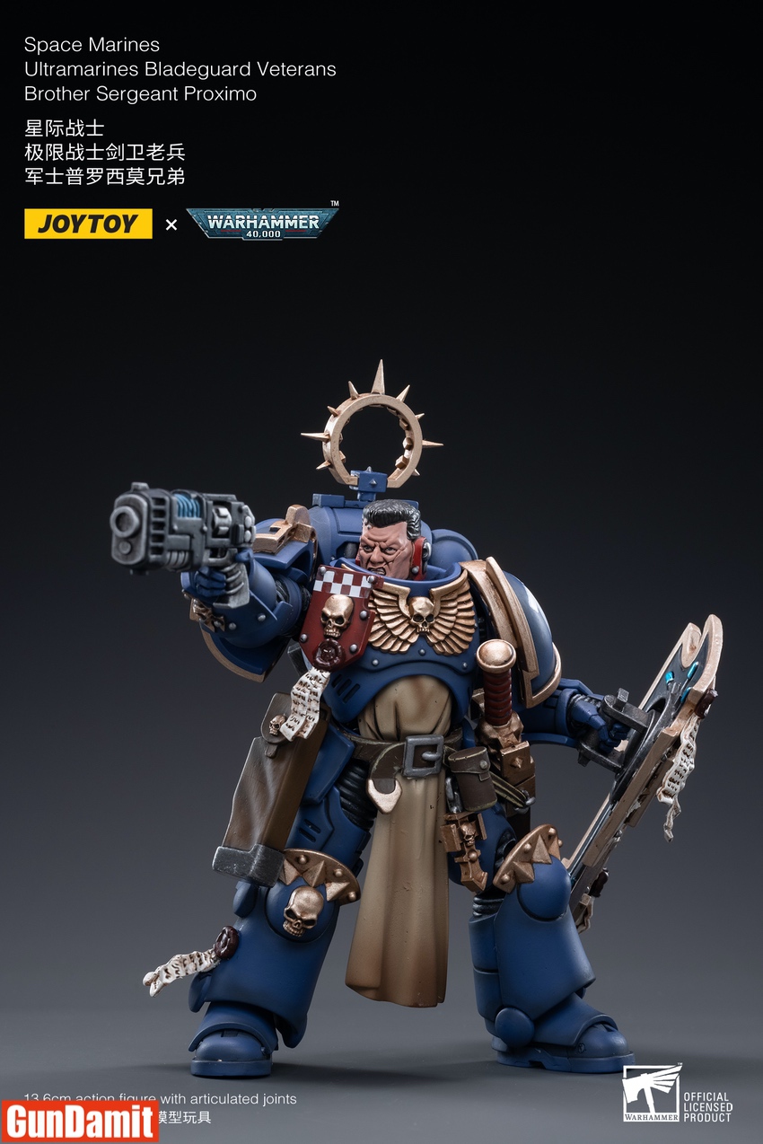 JoyToy Ultramarines Bladeguard Veterans Proximo helmetless head sculpt with bolt pistol aiming pose JoyToy Ultramarines Bladeguard Veterans Proximo helmetless head sculpt with bolt pistol aiming pose
