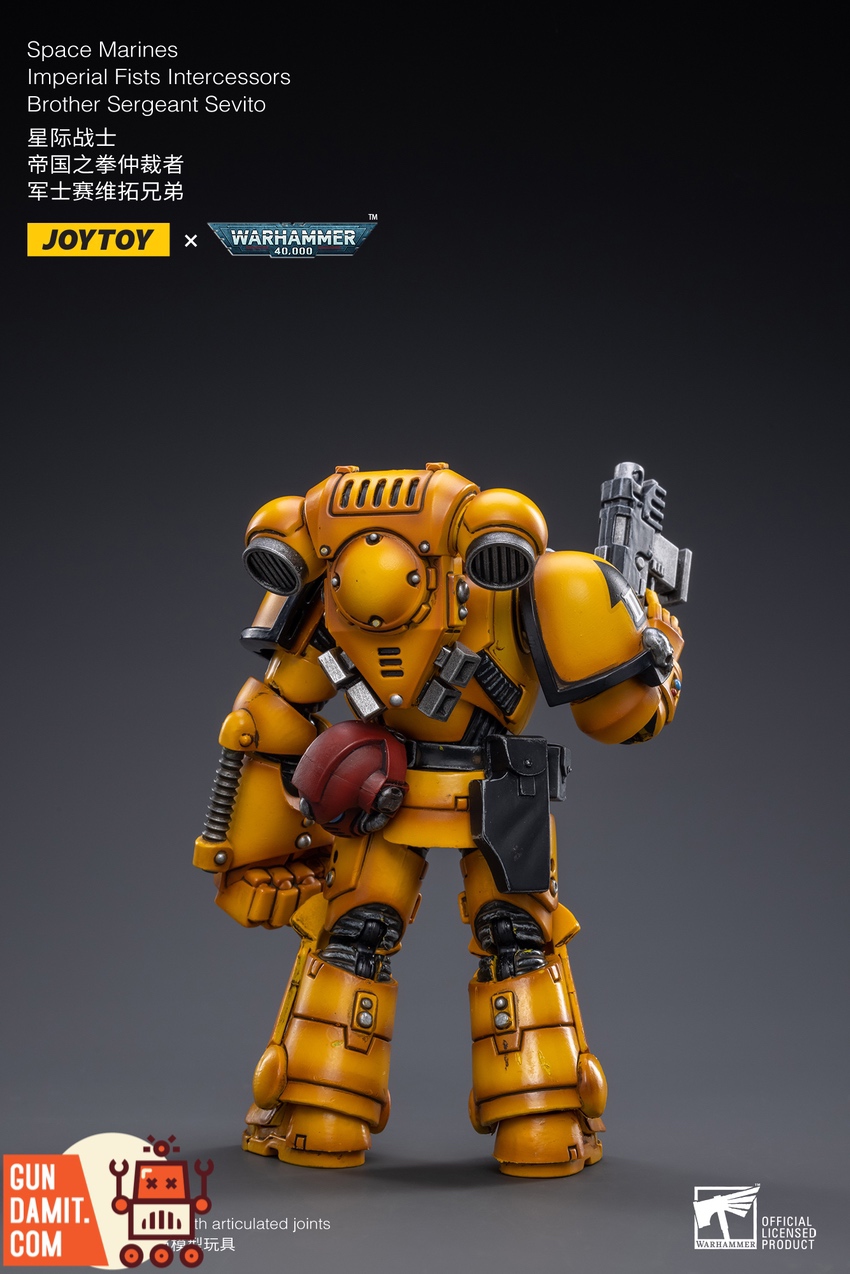 JoyToy WH40K Imperial Fists Sevito rear view showing backpack and bolt pistol JoyToy WH40K Imperial Fists Sevito rear view showing backpack and bolt pistol