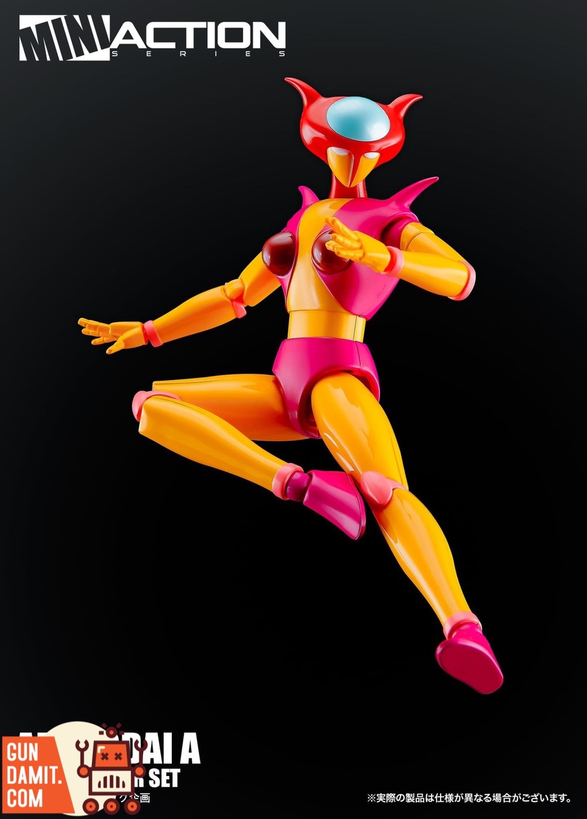 Action Toys Aphrodai A dynamic jumping pose showing articulation and yellow pink design Action Toys Aphrodai A dynamic jumping pose showing articulation and yellow pink design