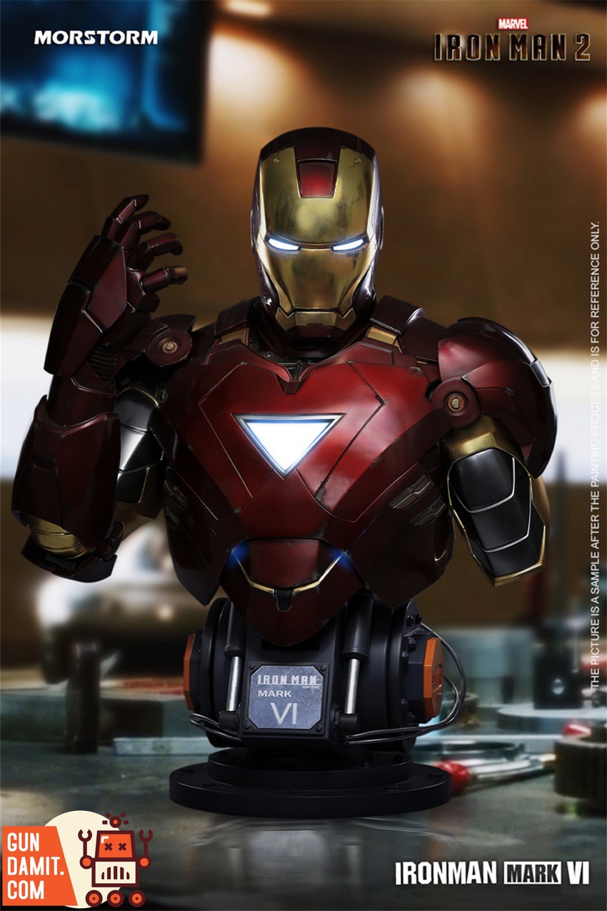 Eastern Model Iron Man Mark VI deluxe bust full view in Tony Stark workshop setting with nameplate base Eastern Model Iron Man Mark VI deluxe bust full view in Tony Stark workshop setting with nameplate base