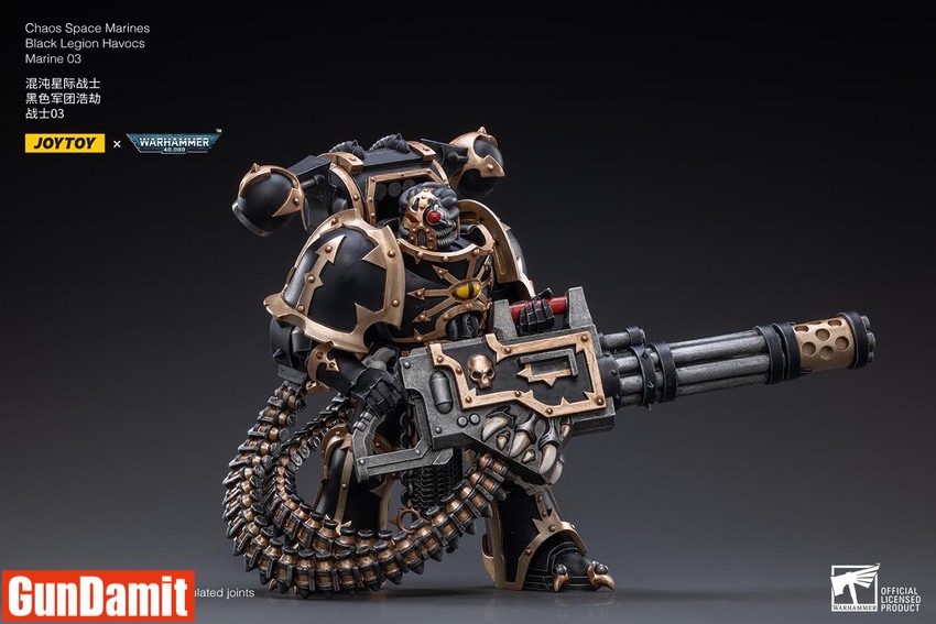 JoyToy Black Legion Havocs Marine 03 side view showing autocannon and Chaos backpack jets JoyToy Black Legion Havocs Marine 03 side view showing autocannon and Chaos backpack jets