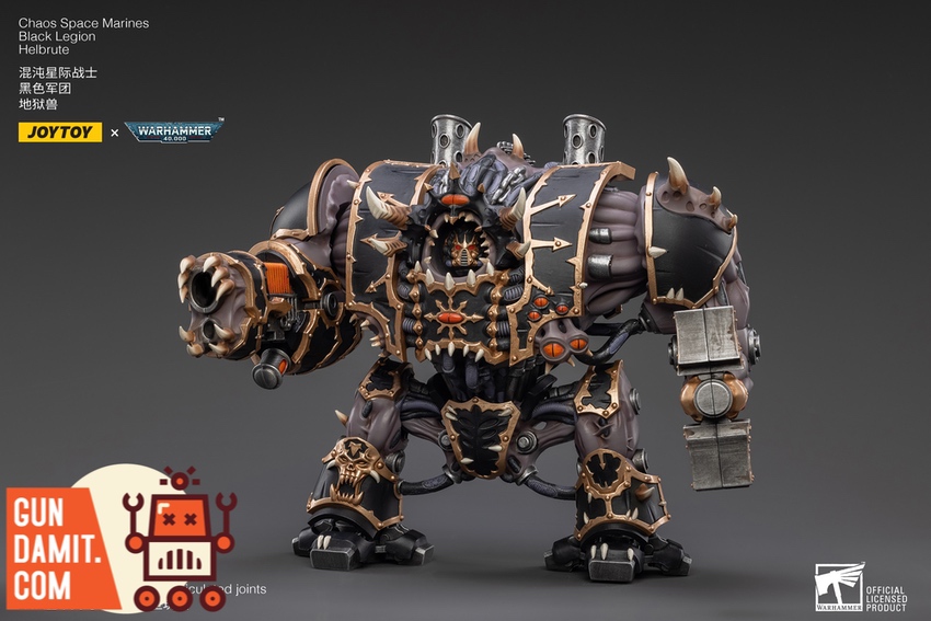 JoyToy Warhammer 40K Black Legion Helbrute three-quarter view showing articulated joints JoyToy Warhammer 40K Black Legion Helbrute three-quarter view showing articulated joints