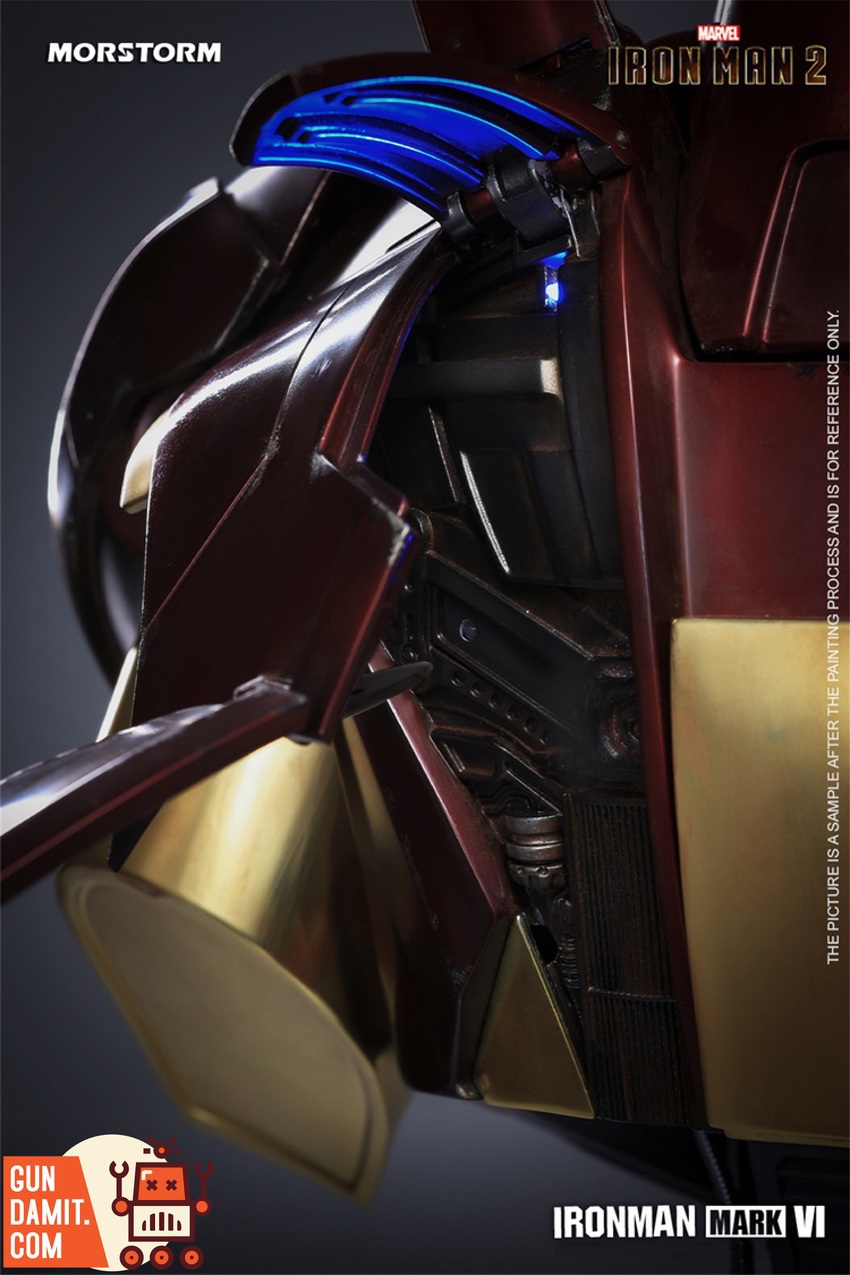 Iron Man Mark VI bust statue shoulder armor detail close-up showing Morstorm branding and blue LED lights Iron Man Mark VI bust statue shoulder armor detail close-up showing Morstorm branding and blue LED lights