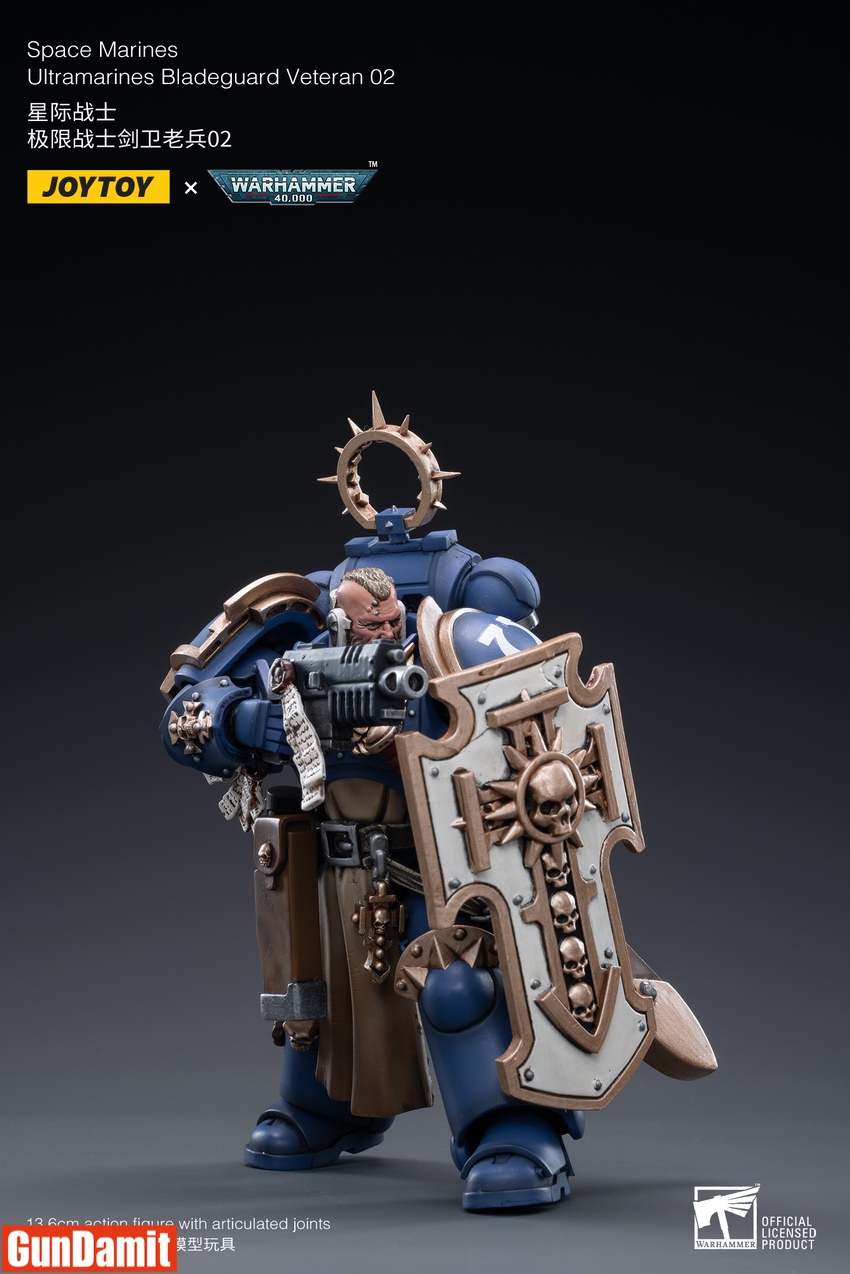 JoyToy Warhammer 40K Ultramarines Bladeguard Veteran 02 rear view showing power pack detail JoyToy Warhammer 40K Ultramarines Bladeguard Veteran 02 rear view showing power pack detail