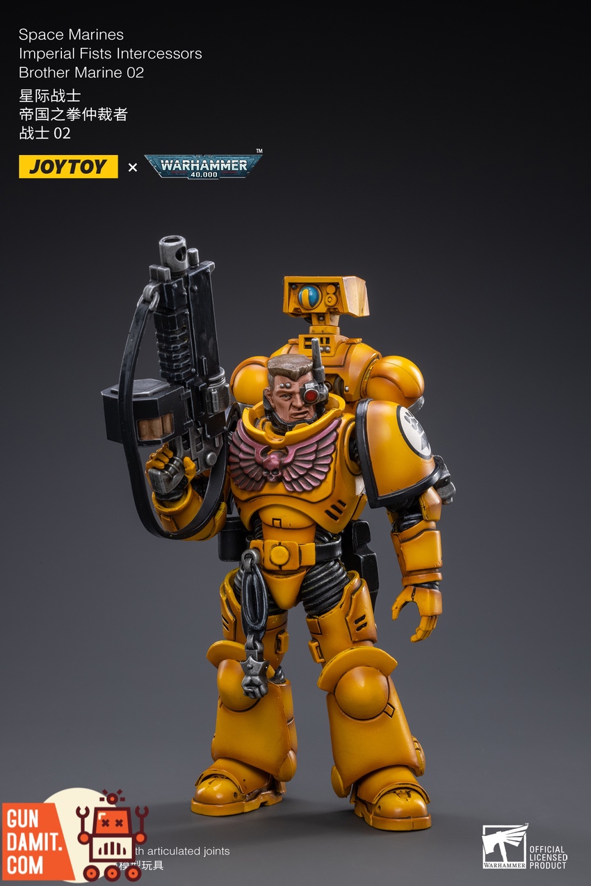 JoyToy WH40K Imperial Fists Marine 02 rear view with backpack and rifle JoyToy WH40K Imperial Fists Marine 02 rear view with backpack and rifle