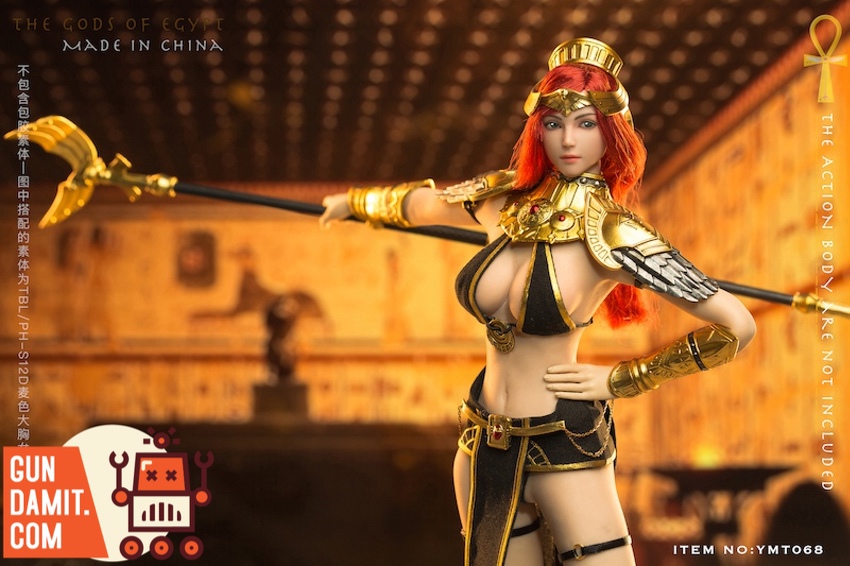 YMToys 1/6 Goddess Nut close-up showing golden headdress winged armor and staff detail YMToys 1/6 Goddess Nut close-up showing golden headdress winged armor and staff detail