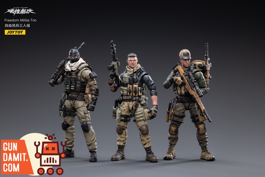 JoyToy Freedom Militia Trio three soldiers rear view with gear JoyToy Freedom Militia Trio three soldiers rear view with gear