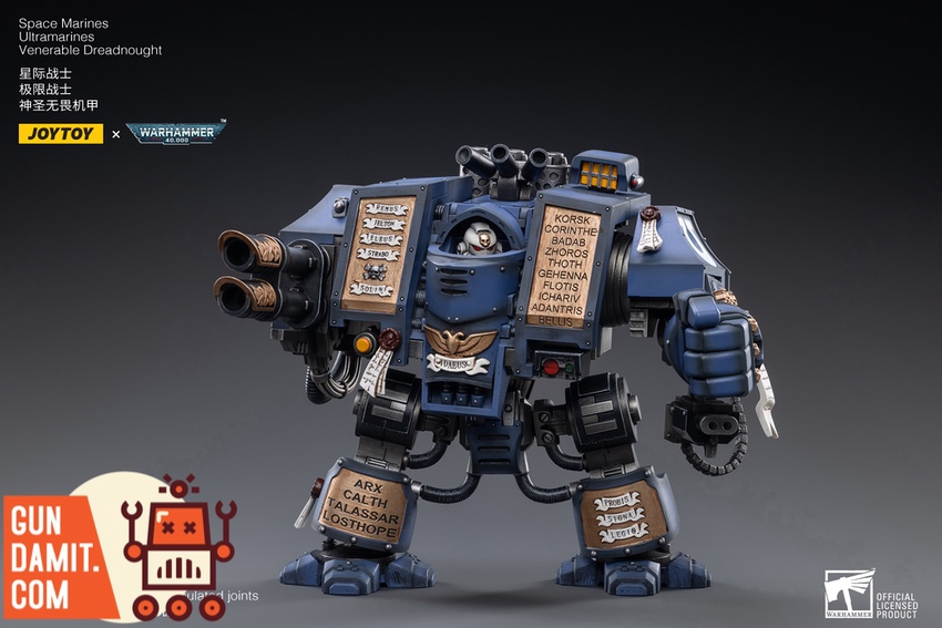 JoyToy WH40K Venerable Dreadnought side angle showing honor plaques JoyToy WH40K Venerable Dreadnought side angle showing honor plaques