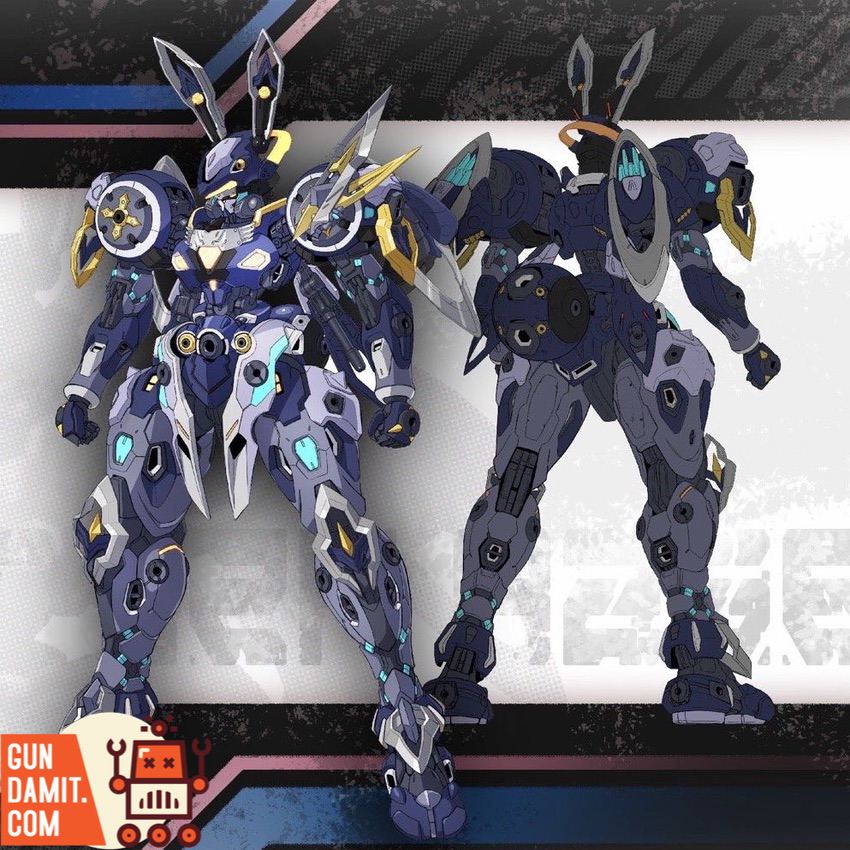 Springen Hase sniper mecha front and rear view in blue and gold color scheme Springen Hase sniper mecha front and rear view in blue and gold color scheme