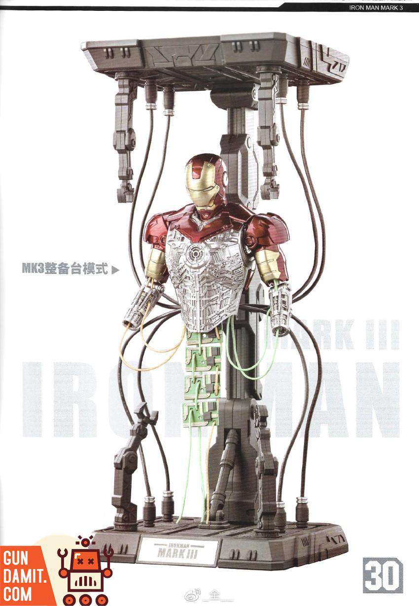 Iron Man Mark 3 on gantry maintenance station base with internal armor details and cables Iron Man Mark 3 on gantry maintenance station base with internal armor details and cables