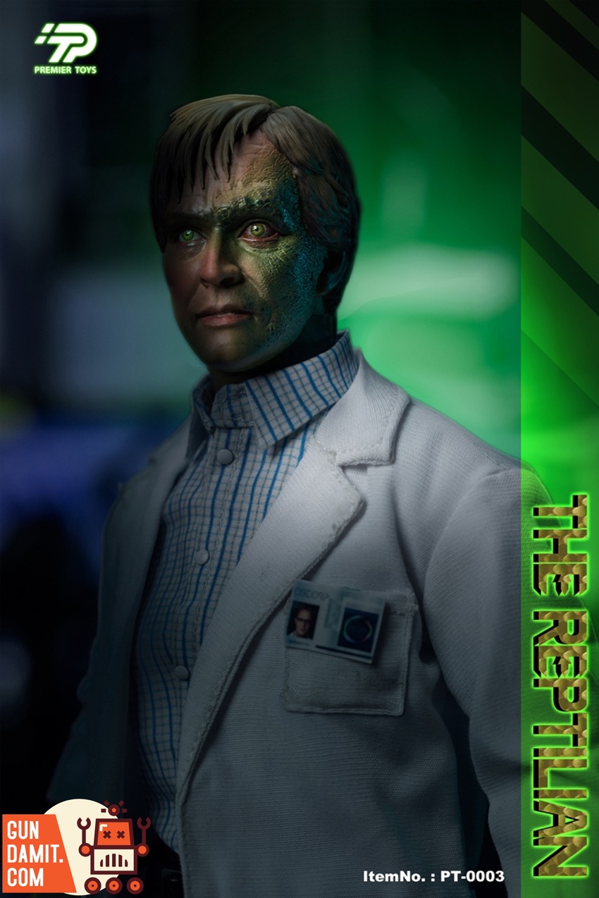 Premier Toys PT0003B Curt Connors close-up portrait showing mutation progress on face Premier Toys PT0003B Curt Connors close-up portrait showing mutation progress on face