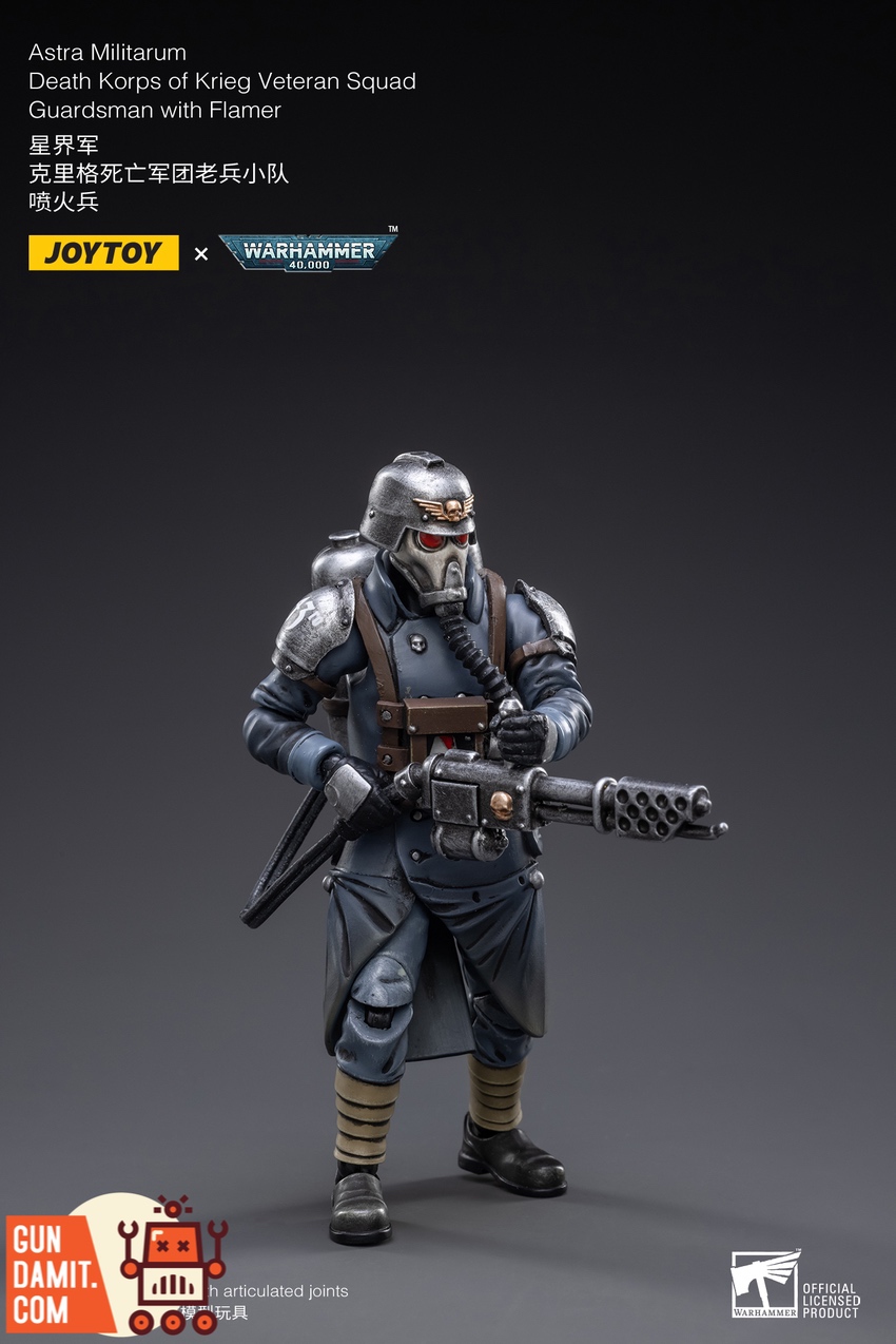 JoyToy Death Korps of Krieg Flamer Guardsman with accessories and fuel tank parts layout JoyToy Death Korps of Krieg Flamer Guardsman with accessories and fuel tank parts layout