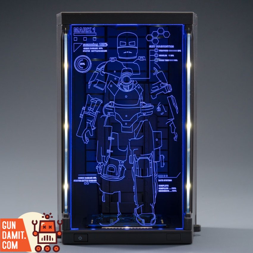 ZT Toys Iron Man Mark 1 LED garage display case with blue holographic blueprint ZT Toys Iron Man Mark 1 LED garage display case with blue holographic blueprint