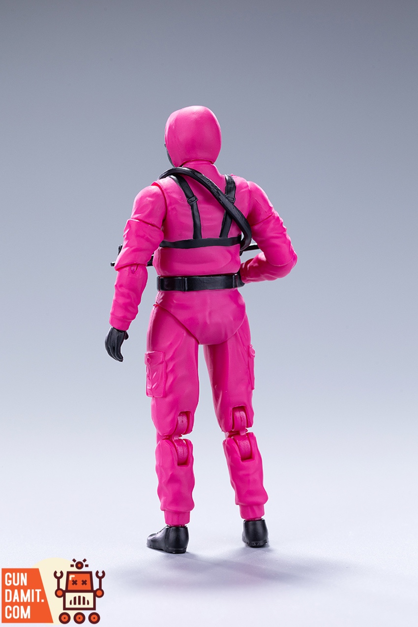 Red Suit 1/18 Squid Game pink soldier back view showing harness detail Red Suit 1/18 Squid Game pink soldier back view showing harness detail