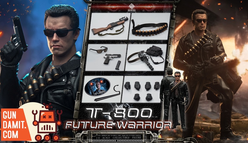 Present Toys 1/6 PT-SP39 T-800 Future Warrior full accessories and weapons layout Present Toys 1/6 PT-SP39 T-800 Future Warrior full accessories and weapons layout