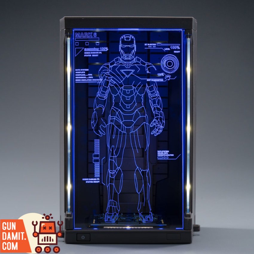 ZT Toys Iron Man Mark 6 LED garage display case with blue holographic blueprint ZT Toys Iron Man Mark 6 LED garage display case with blue holographic blueprint