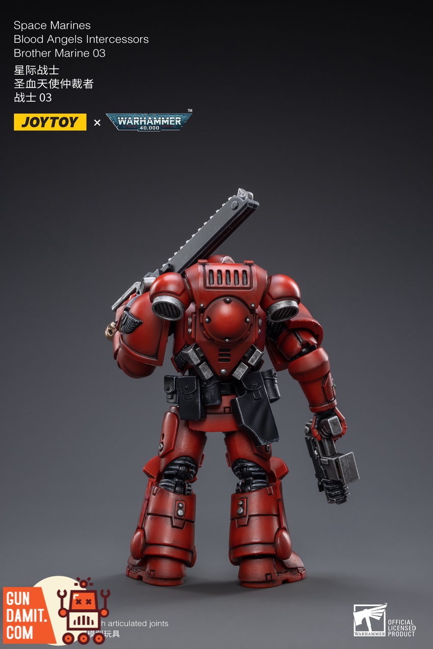 JoyToy Blood Angels Intercessors Marine 03 holding chainsword overhead action pose JoyToy Blood Angels Intercessors Marine 03 holding chainsword overhead action pose