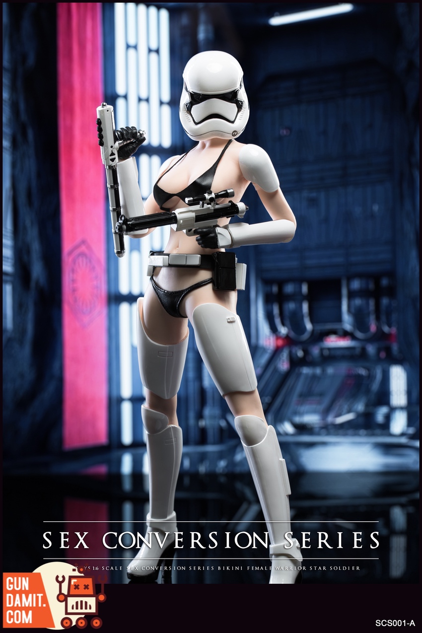 X2Y Toys 1/6 SCS001A Bikini Female Star Soldier White holding rifle side view X2Y Toys 1/6 SCS001A Bikini Female Star Soldier White holding rifle side view