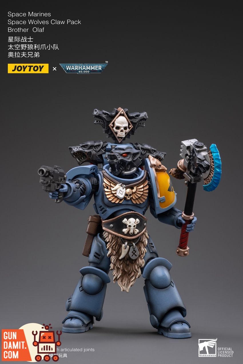 JoyToy Brother Olaf Space Wolves figure wielding frost axe front facing pose JoyToy Brother Olaf Space Wolves figure wielding frost axe front facing pose