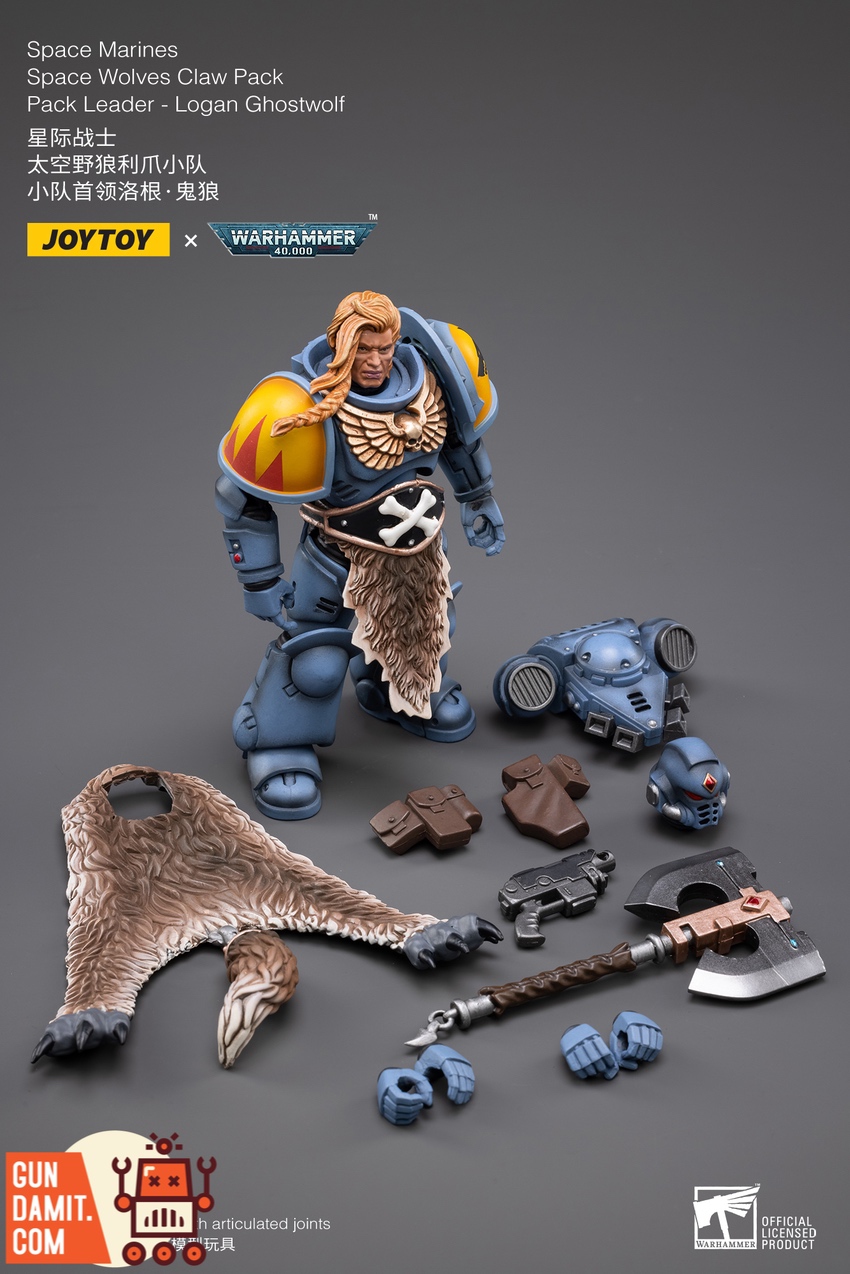JoyToy Logan Ghostwolf Space Wolves with all accessories and parts displayed JoyToy Logan Ghostwolf Space Wolves with all accessories and parts displayed