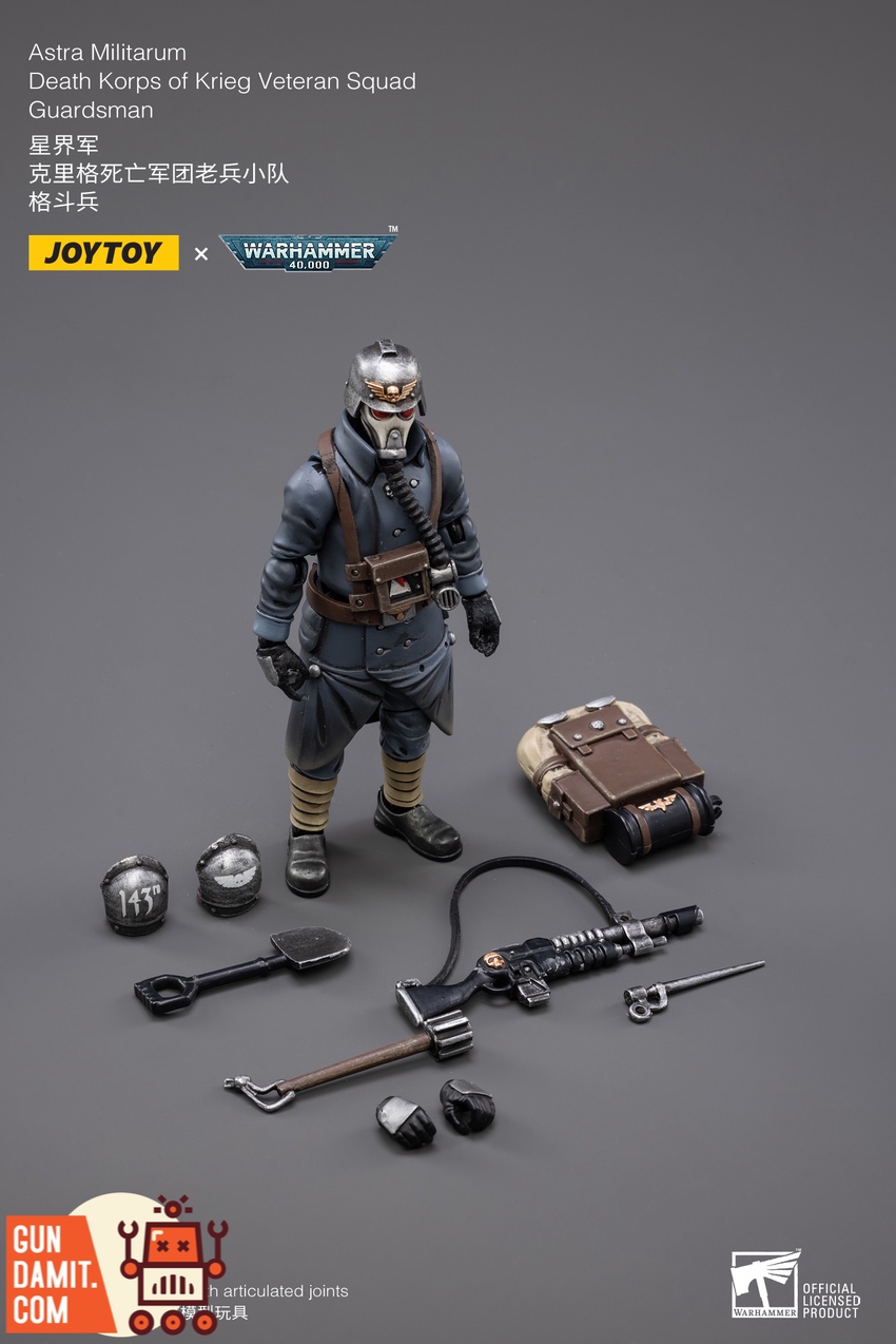 JoyToy JT2665 Krieg Veteran Guardsman full accessories layout with lasgun shovel and gear JoyToy JT2665 Krieg Veteran Guardsman full accessories layout with lasgun shovel and gear