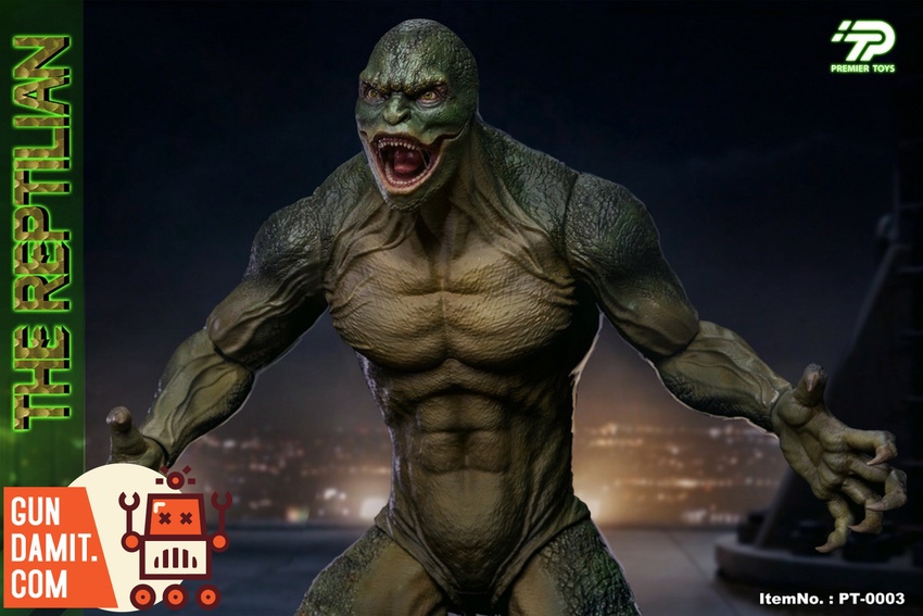 Premier Toys 1/6 The Reptilian Lizard close-up showing detailed skin texture and roaring expression Premier Toys 1/6 The Reptilian Lizard close-up showing detailed skin texture and roaring expression