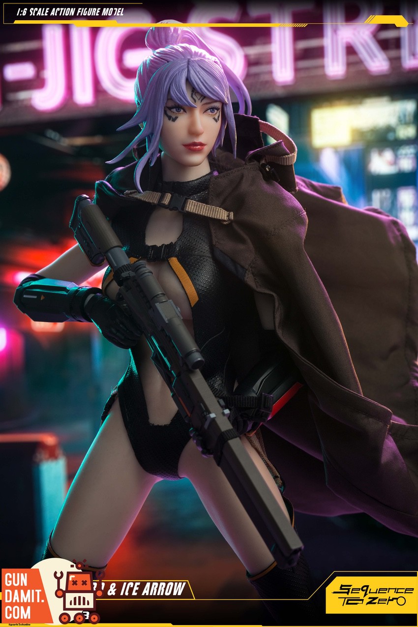 Spark Studio 1/6 STZ003 purple hair variant with cloak and sniper rifle in neon alley Spark Studio 1/6 STZ003 purple hair variant with cloak and sniper rifle in neon alley