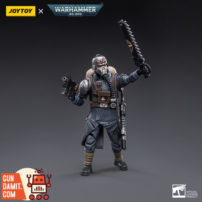 JoyToy JT2641 1/18 Warhammer 40K Death Korps of Krieg Veteran Squad Sergeant front view with chainsword and laspistol JoyToy JT2641 1/18 Warhammer 40K Death Korps of Krieg Veteran Squad Sergeant front view with chainsword and laspistol