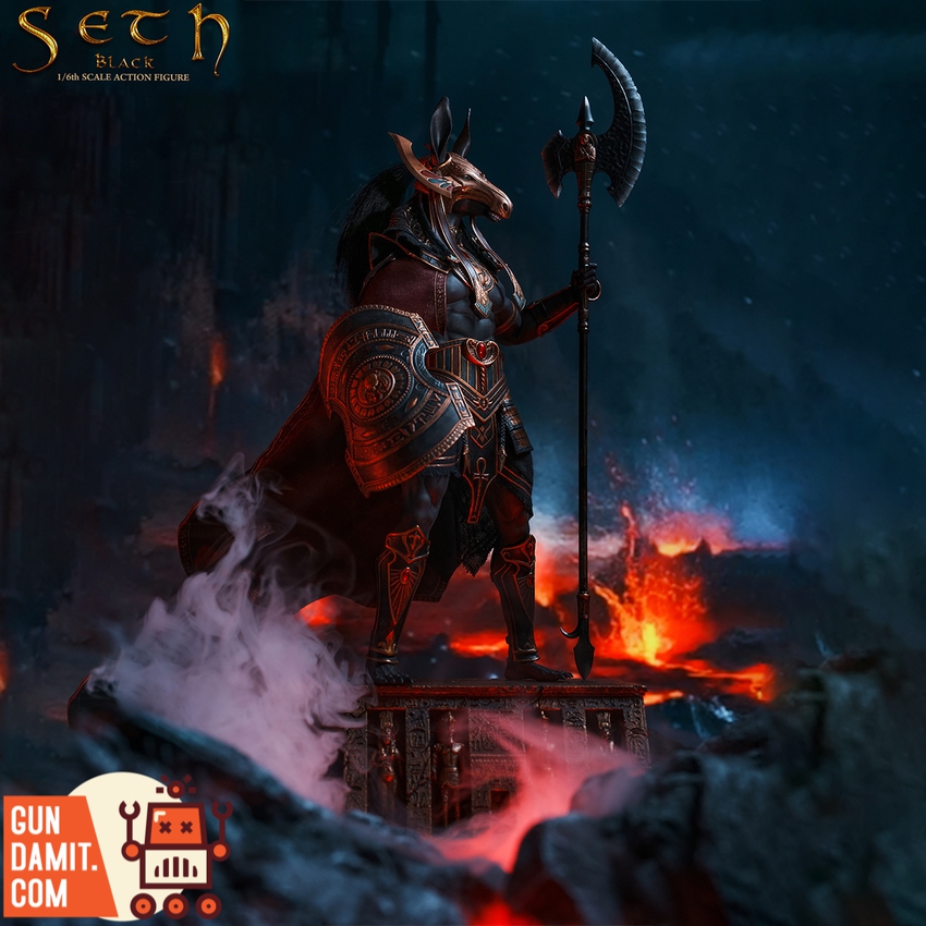 TBLeague 1/6 Egyptian God Seth Black Version standing on temple base with battle axe TBLeague 1/6 Egyptian God Seth Black Version standing on temple base with battle axe
