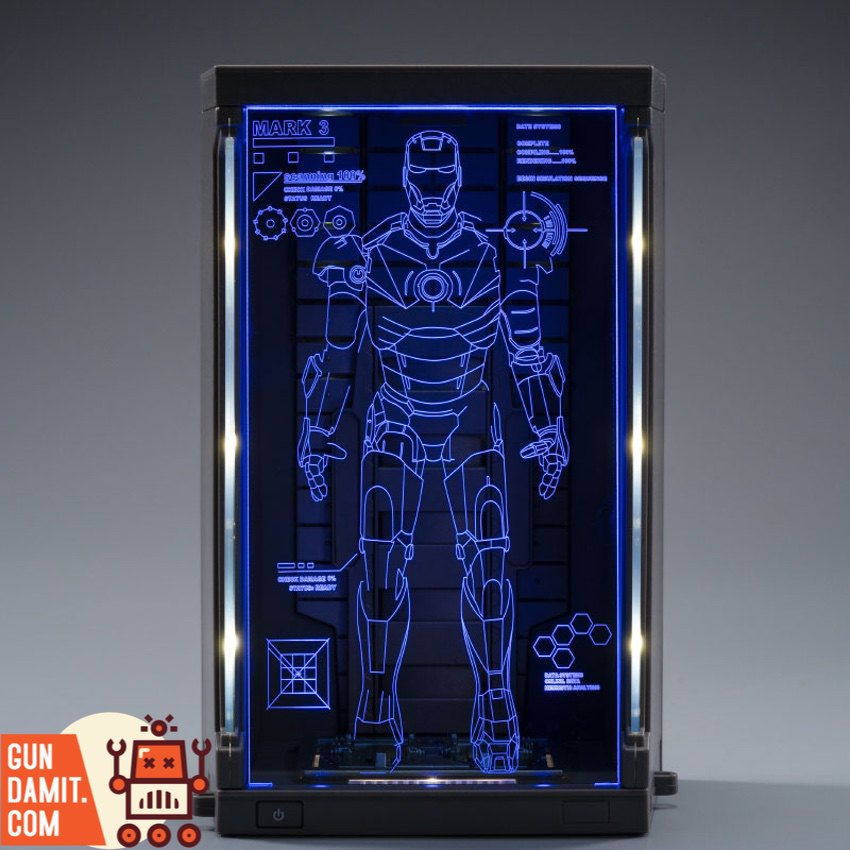 ZT Toys Iron Man Mark 3 LED garage display case with blue holographic blueprint ZT Toys Iron Man Mark 3 LED garage display case with blue holographic blueprint