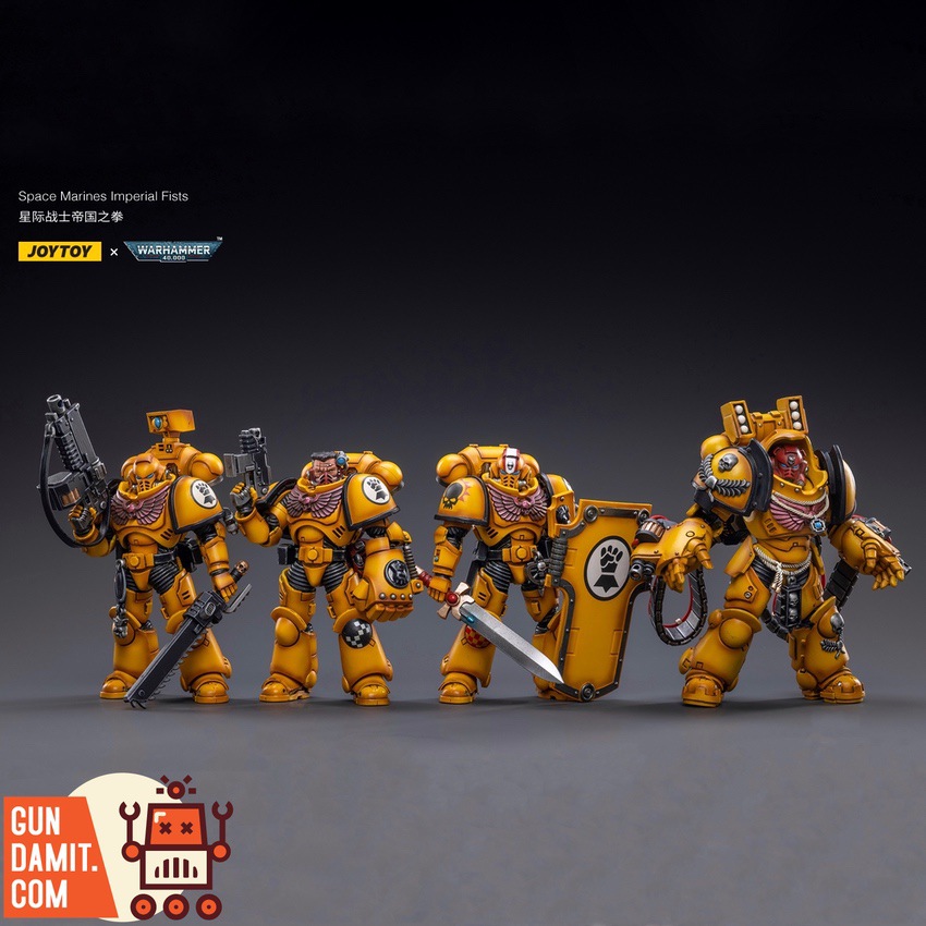 JoyToy 1/18 Imperial Fists Intercessors Squad 4-figure set front group line-up JoyToy 1/18 Imperial Fists Intercessors Squad 4-figure set front group line-up