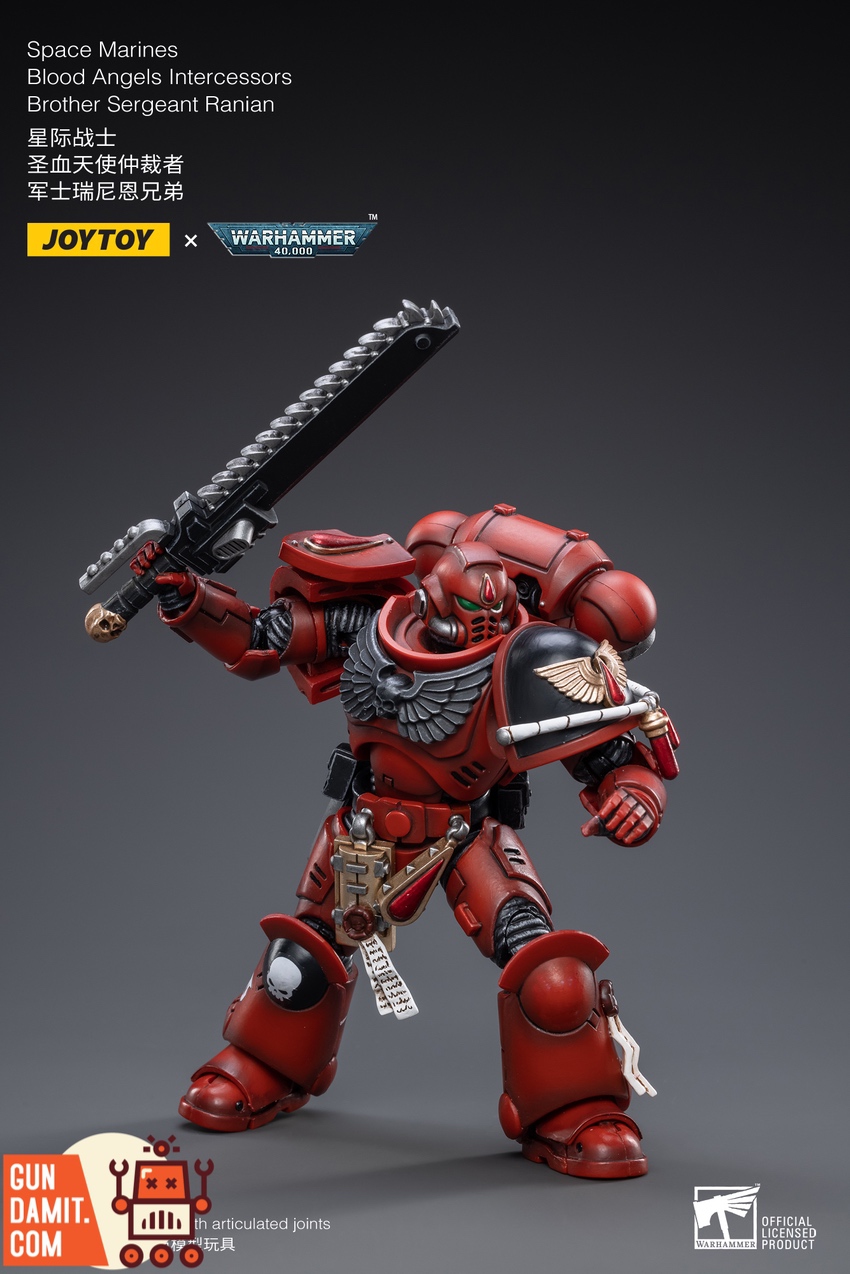 JoyToy Blood Angels Intercessors Sergeant Ranian chainsword raised action pose JoyToy Blood Angels Intercessors Sergeant Ranian chainsword raised action pose
