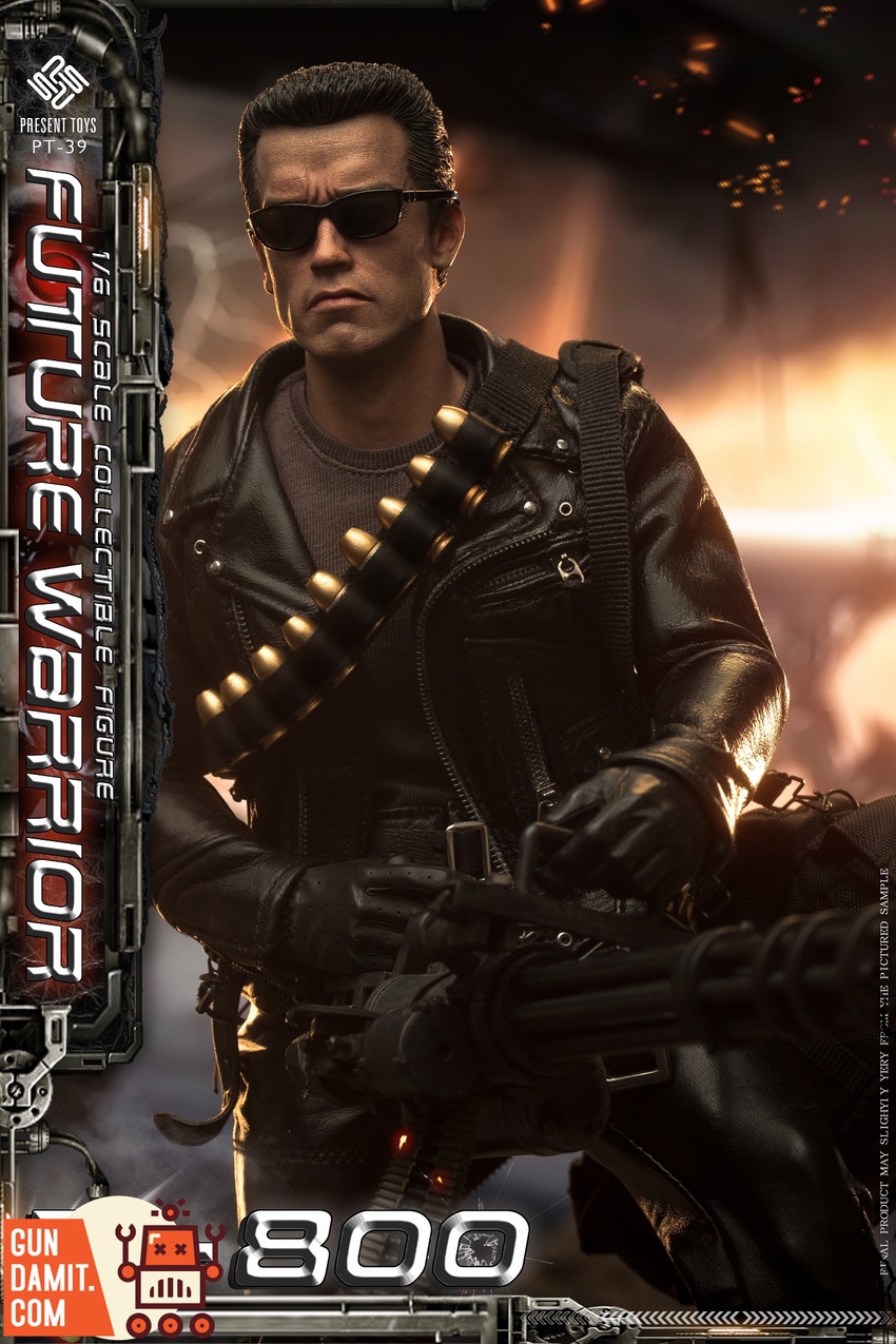 Present Toys 1/6 PT-SP39 T-800 Future Warrior holding minigun in leather jacket Present Toys 1/6 PT-SP39 T-800 Future Warrior holding minigun in leather jacket