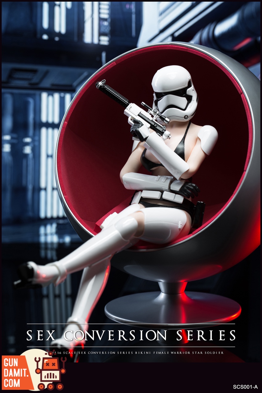 X2Y Toys 1/6 SCS001A Bikini Female Star Soldier White seated in egg chair with rifle X2Y Toys 1/6 SCS001A Bikini Female Star Soldier White seated in egg chair with rifle
