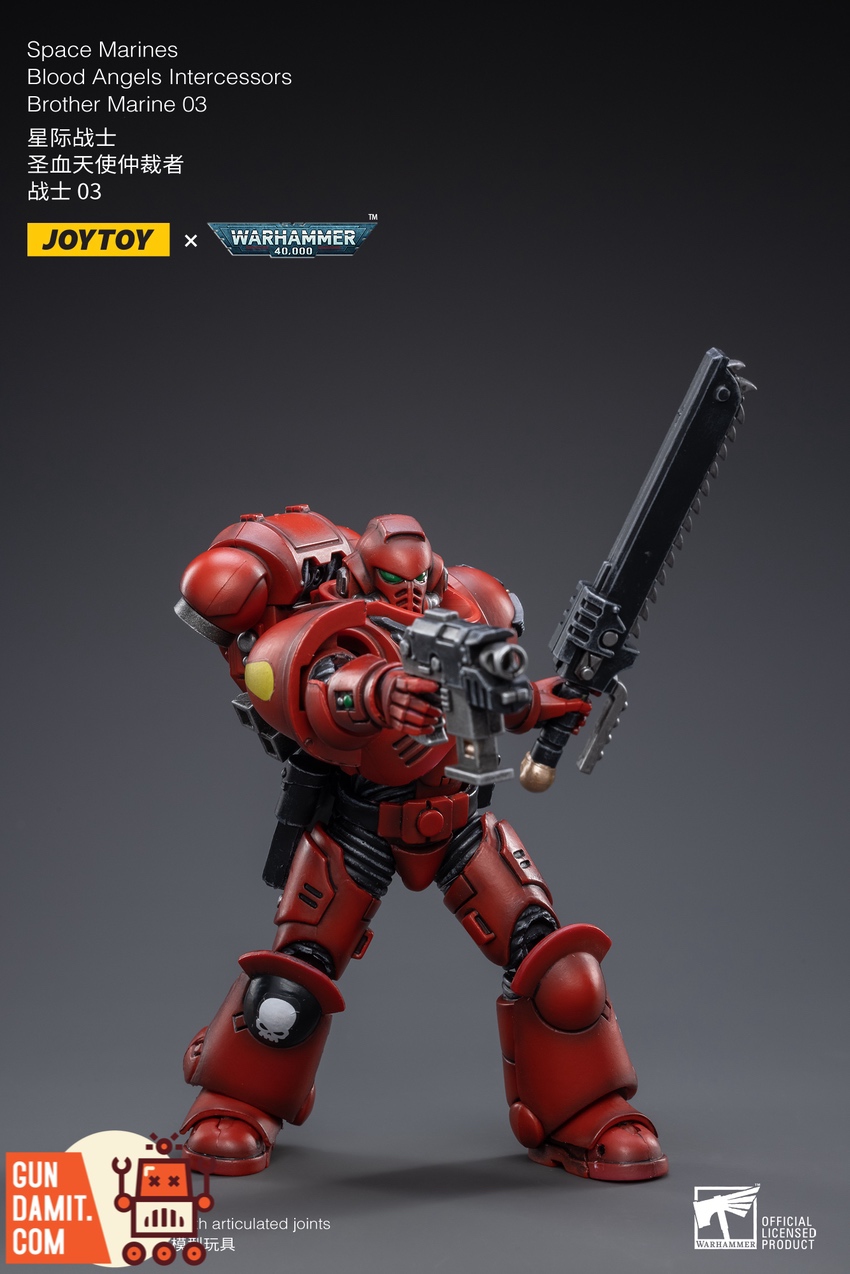 JoyToy Blood Angels Marine 03 aiming bolt rifle three-quarter front view JoyToy Blood Angels Marine 03 aiming bolt rifle three-quarter front view