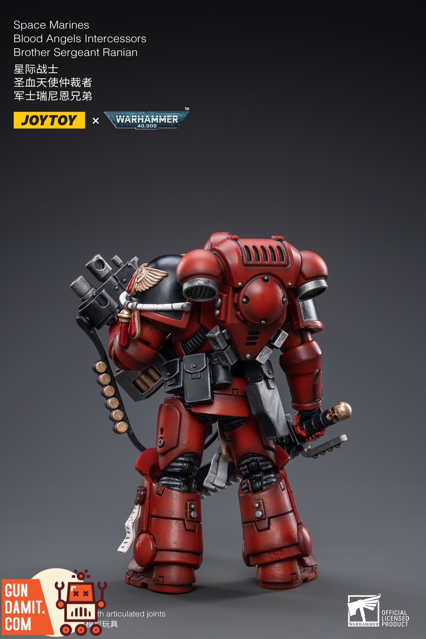JoyToy Blood Angels Sergeant Ranian front view with backpack and purity seals JoyToy Blood Angels Sergeant Ranian front view with backpack and purity seals
