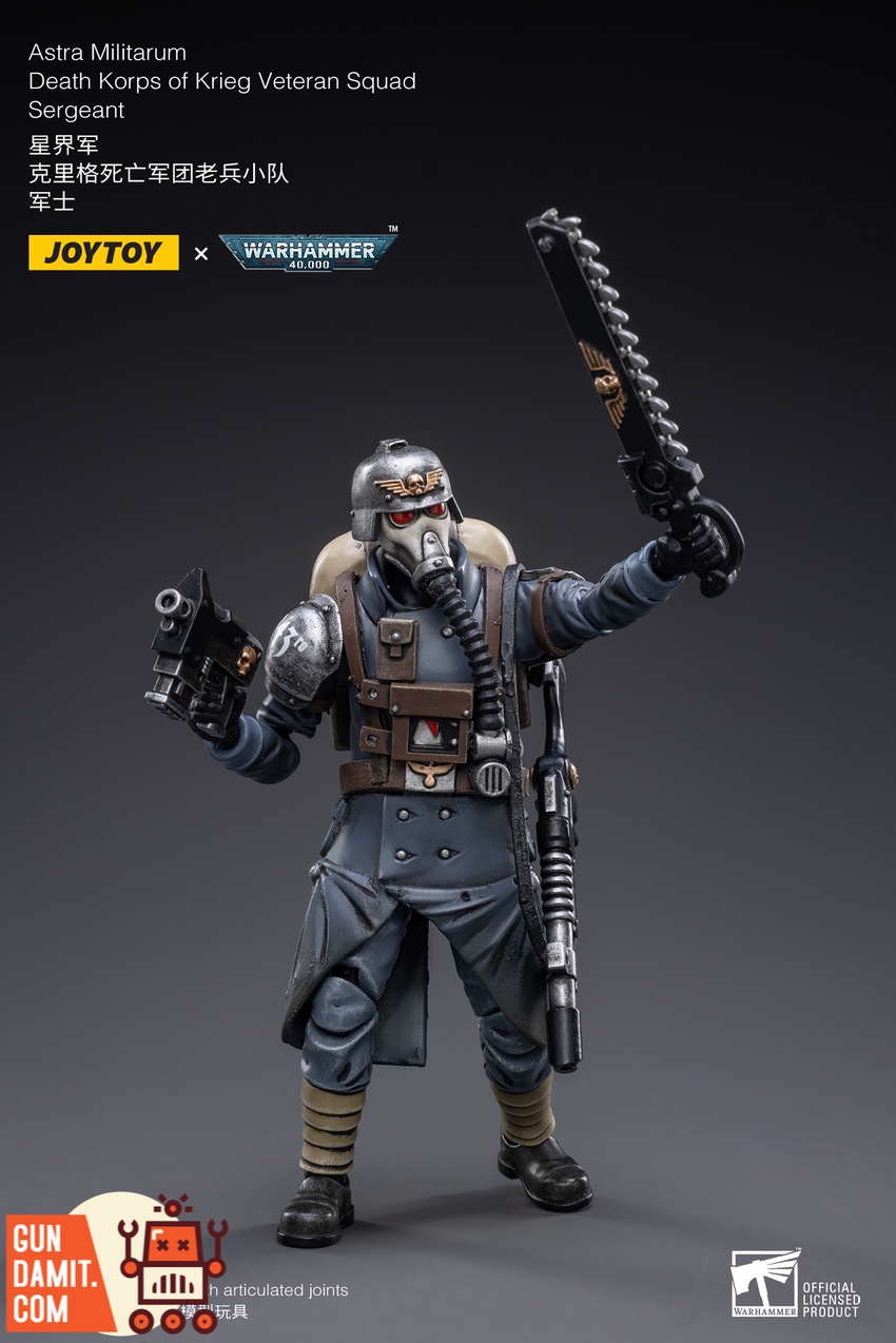 JoyToy Death Korps of Krieg Veteran Sergeant close-up showing Astra Militarum gas mask and uniform detail JoyToy Death Korps of Krieg Veteran Sergeant close-up showing Astra Militarum gas mask and uniform detail