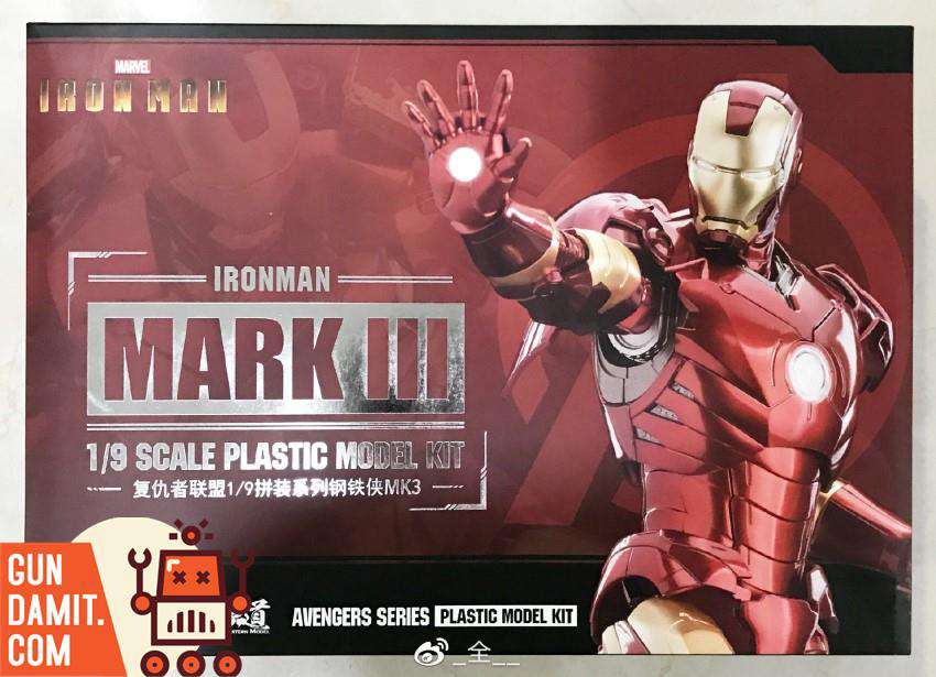 Eastern Model 1/9 Iron Man Mark 3 plastic model kit box art with MK3 armor repulsor pose Eastern Model 1/9 Iron Man Mark 3 plastic model kit box art with MK3 armor repulsor pose