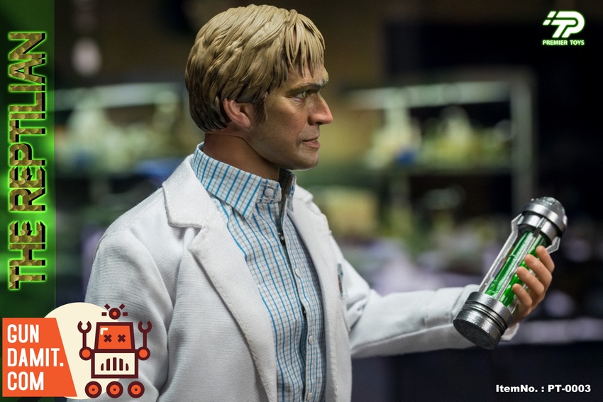 Premier Toys PT0003B Curt Connors profile view holding green serum vial in laboratory Premier Toys PT0003B Curt Connors profile view holding green serum vial in laboratory