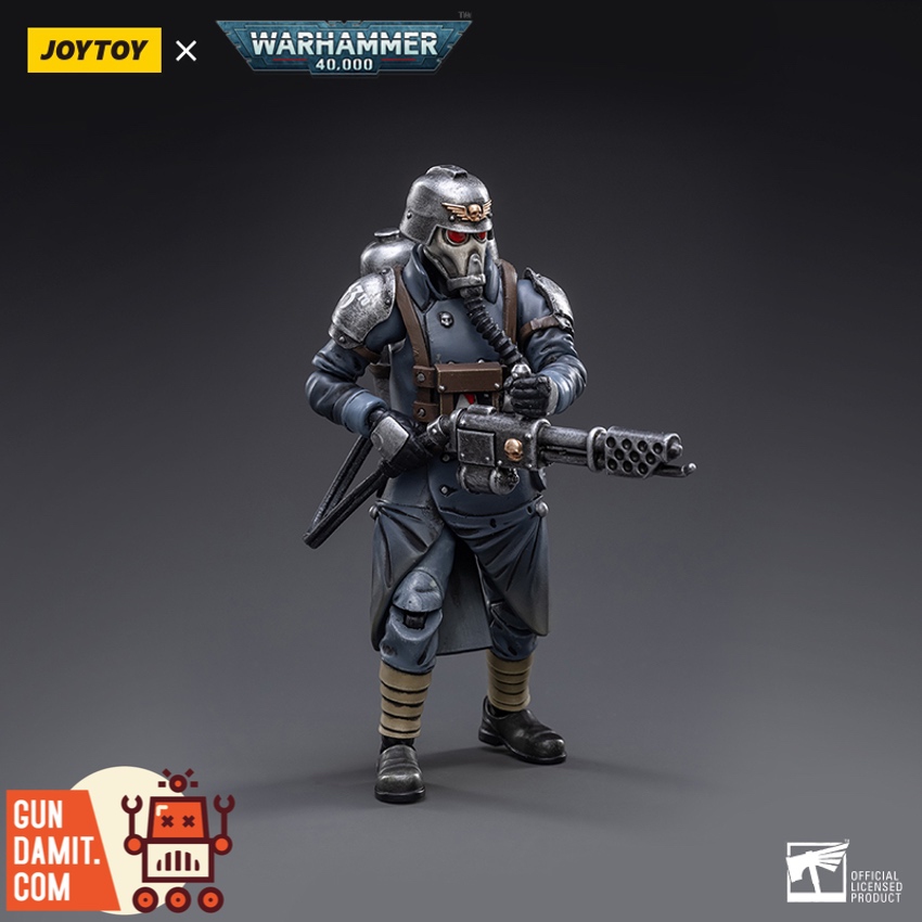 JoyToy 1/18 Warhammer 40K Death Korps of Krieg Guardsman with Flamer front view holding flamer weapon JoyToy 1/18 Warhammer 40K Death Korps of Krieg Guardsman with Flamer front view holding flamer weapon