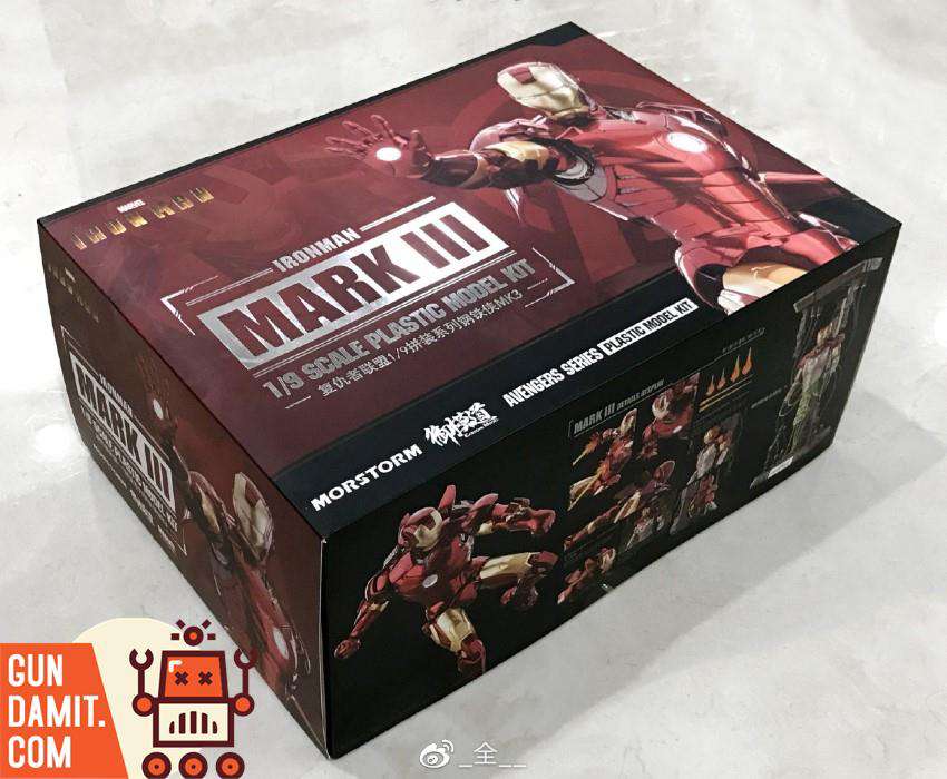 Iron Man Mark III model kit box packaging by Morstorm showing Avengers series branding Iron Man Mark III model kit box packaging by Morstorm showing Avengers series branding