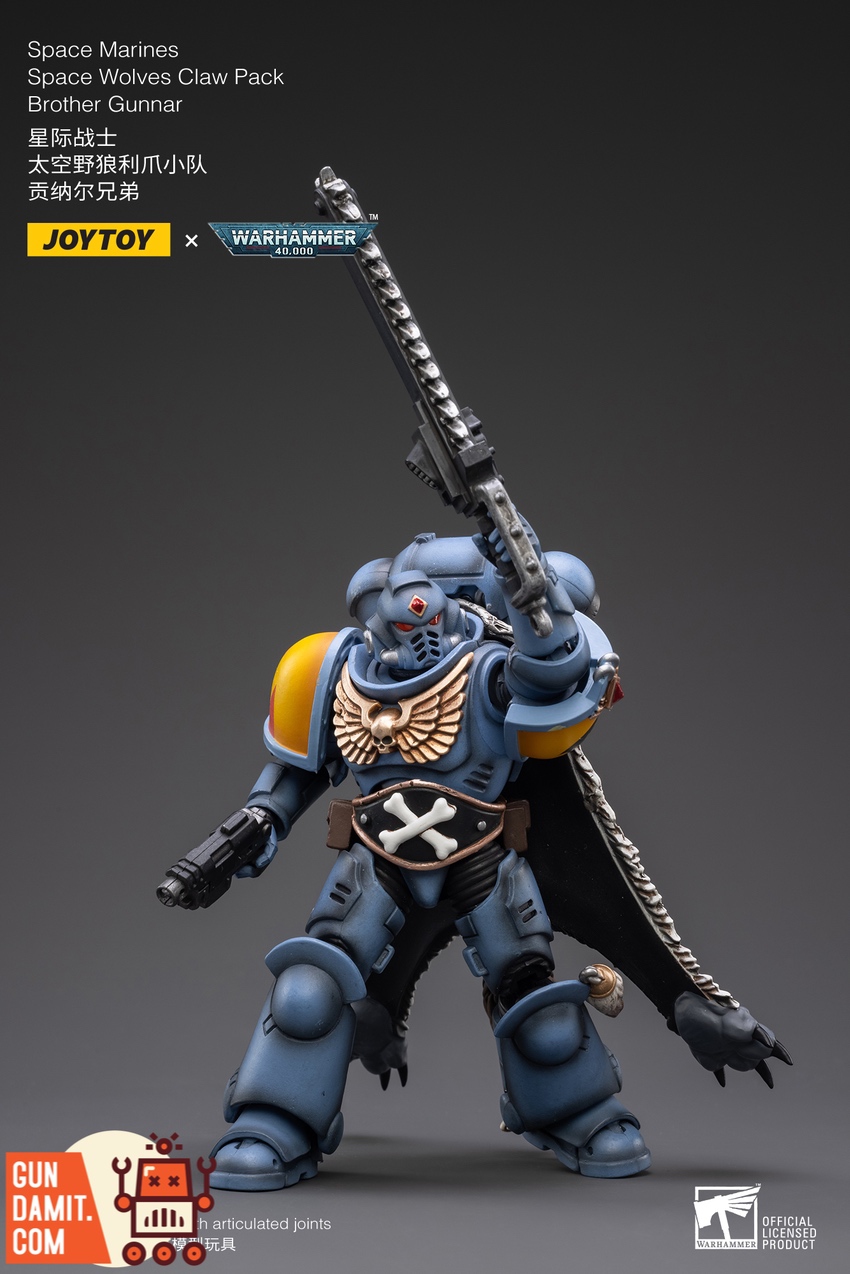 JoyToy Brother Gunnar Space Wolves figure helmeted rear angle wielding chainsword JoyToy Brother Gunnar Space Wolves figure helmeted rear angle wielding chainsword