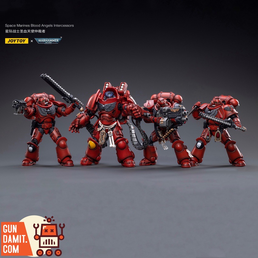 JoyToy 1/18 Blood Angels Intercessors Squad 4-figure set front group action pose JoyToy 1/18 Blood Angels Intercessors Squad 4-figure set front group action pose