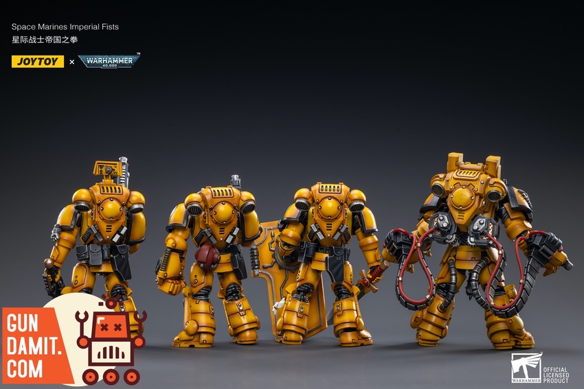 JoyToy Imperial Fists Intercessors set of 4 rear view showing backpack details JoyToy Imperial Fists Intercessors set of 4 rear view showing backpack details