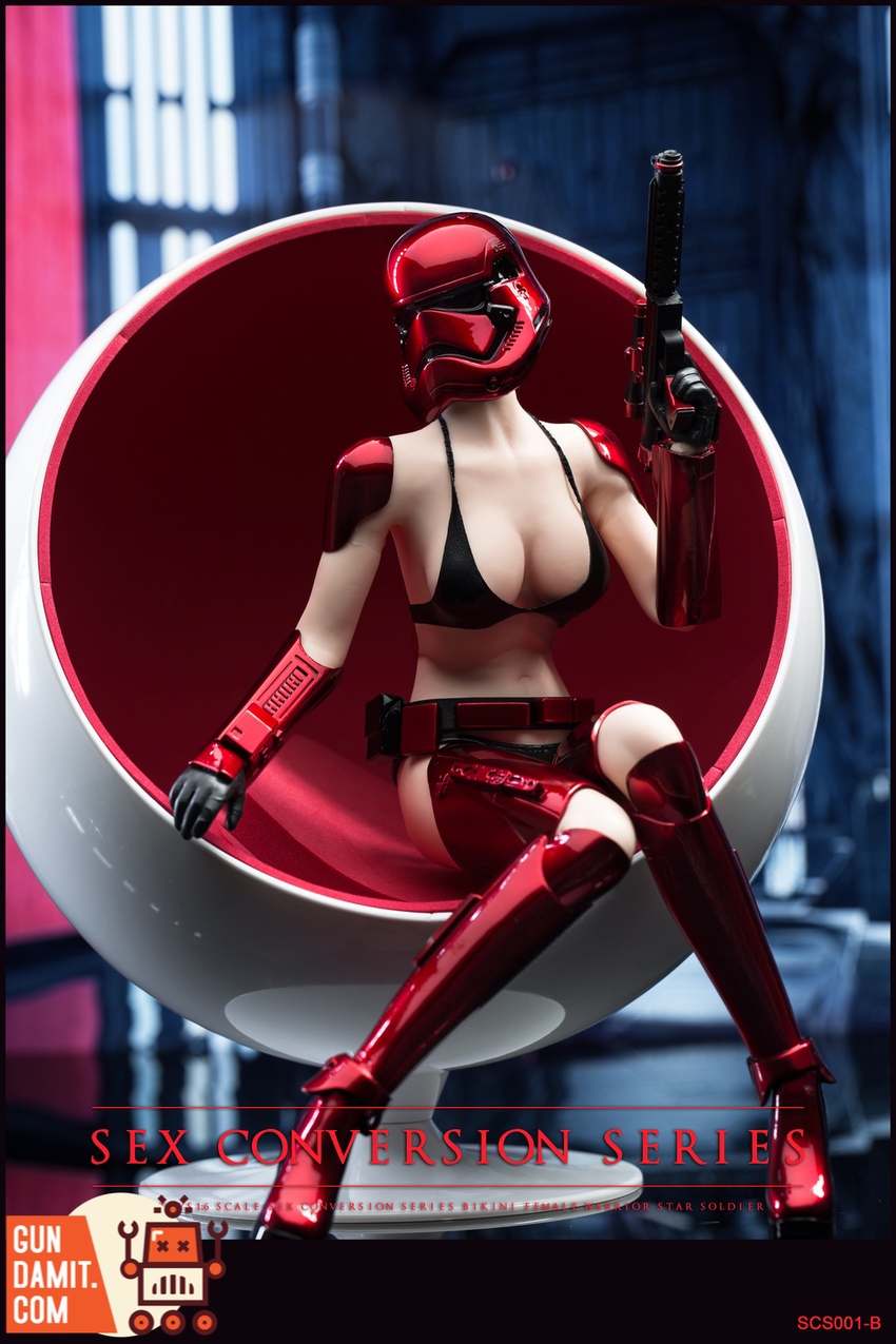 X2Y Toys 1/6 SCS001B Bikini Female Star Soldier Red seated in egg chair X2Y Toys 1/6 SCS001B Bikini Female Star Soldier Red seated in egg chair
