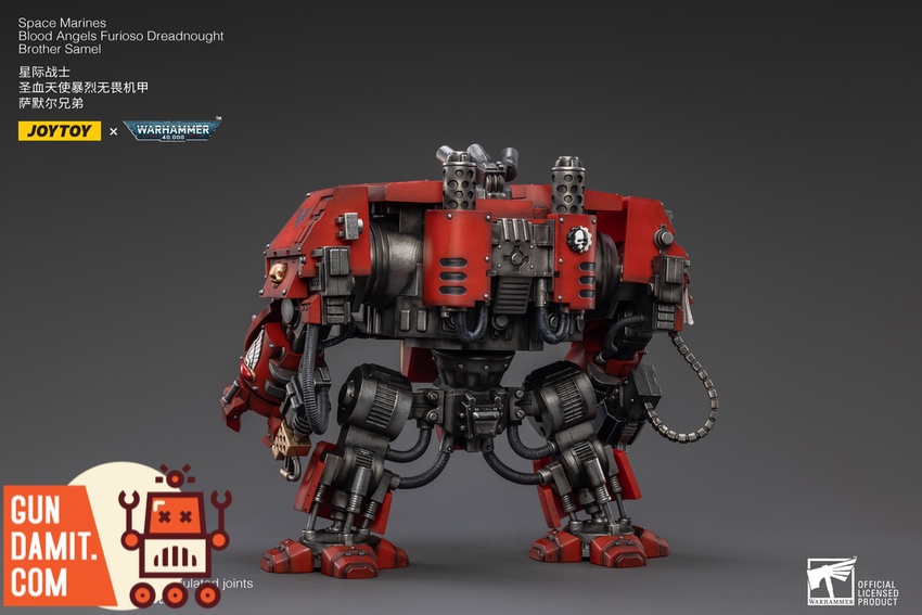 JoyToy Blood Angels Furioso Dreadnought rear view showing exhaust pipes and back armor JoyToy Blood Angels Furioso Dreadnought rear view showing exhaust pipes and back armor
