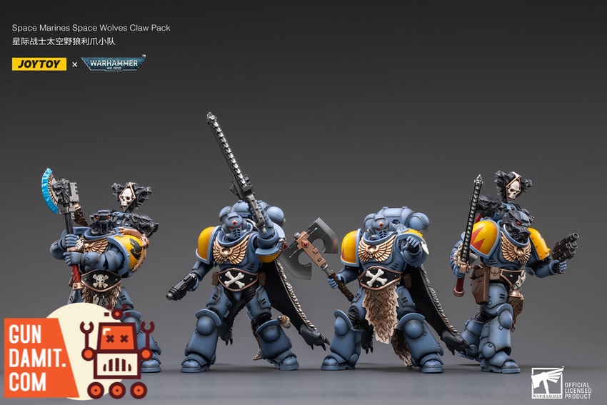 JoyToy Space Wolves Claw Pack set of 4 in dynamic combat poses with weapons raised JoyToy Space Wolves Claw Pack set of 4 in dynamic combat poses with weapons raised