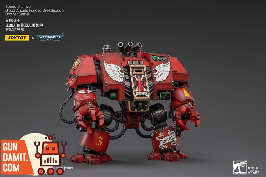 JoyToy Blood Angels Furioso Dreadnought Brother Samel three-quarter front with Furioso markings JoyToy Blood Angels Furioso Dreadnought Brother Samel three-quarter front with Furioso markings