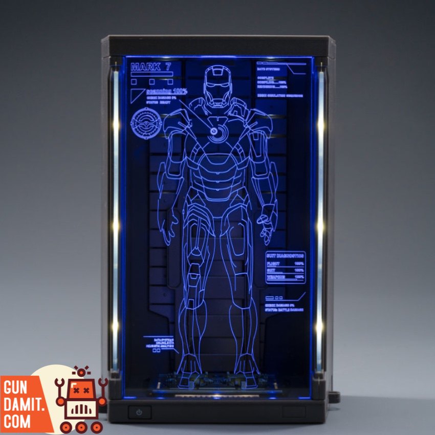 ZT Toys Iron Man Mark 7 LED garage display case with blue holographic blueprint ZT Toys Iron Man Mark 7 LED garage display case with blue holographic blueprint