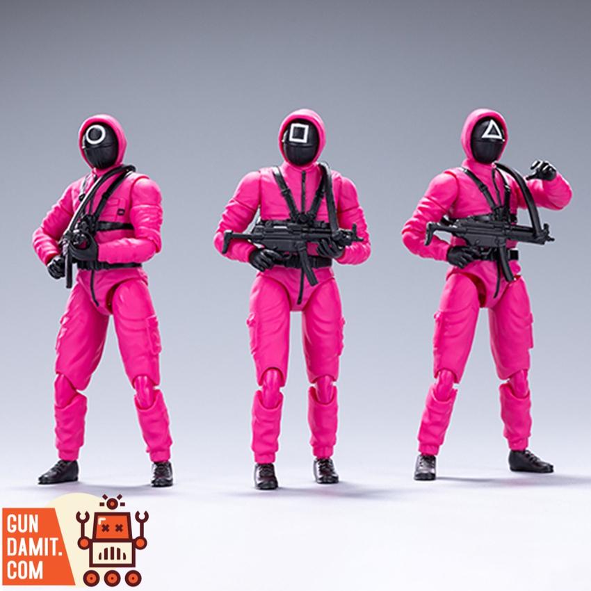 Red Suit 1/18 Squid Game pink soldiers set of 3 with circle triangle square masks standing Red Suit 1/18 Squid Game pink soldiers set of 3 with circle triangle square masks standing